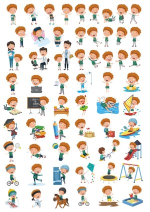 Cartoon Boy in Various Activities and Emotions Vector Set Free Vector