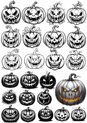 Collection of Black and White Scary Halloween Pumpkin Faces Free Vector