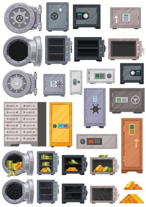 Collection of Various Safe and Vault Designs with Open and Closed States Free Vector