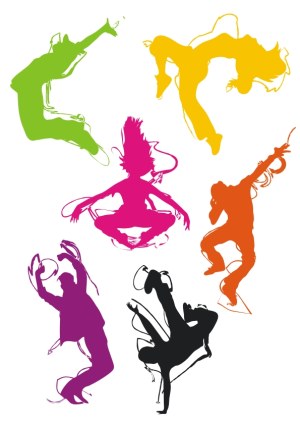 Colorful Silhouettes of People Dancing and Jumping Vector Free Vector
