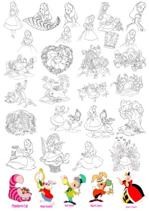 Line Art and Colored Illustrations of Alice in Wonderland Characters Free Vector