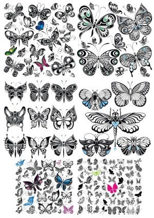 Decorative Black and White Butterfly Vector Collection with Color Accents Free Vector
