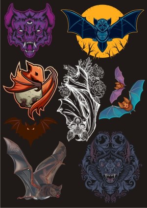 Collection of Stylized Bat Illustrations with Halloween and Gothic Themes Free Vector