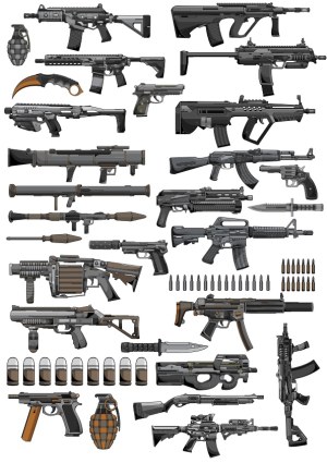 Set of Detailed Modern Firearms and Ammunition Vector Illustrations Free Vector