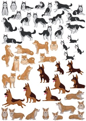 Vector Illustrations of Various Dog Breeds in Different Poses Free Vector