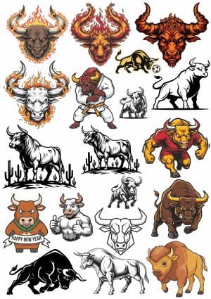 Collection of Bull and Buffalo Vector Illustrations Free Vector