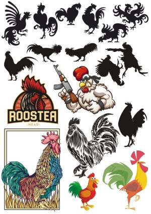 Rooster Silhouettes and Colorful Rooster Illustrations Collection Free Vector