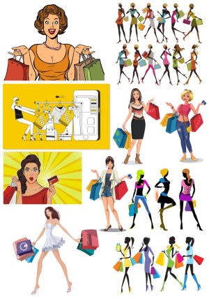 Vector Illustrations of Women Shopping with Bags and Credit Cards Free Vector