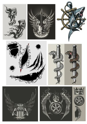Set of Edgy Tattoo Style Graphics with Skulls, Snakes, and Wings Free Vector