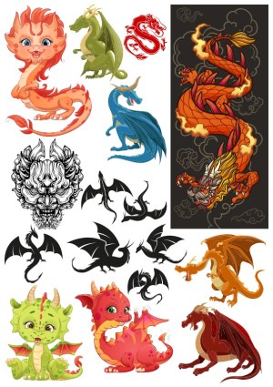 Collection of Various Dragon Vector Illustrations and Silhouettes Free Vector