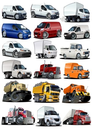Collection of Various Cartoon Cargo and Utility Trucks and Vans Free Vector