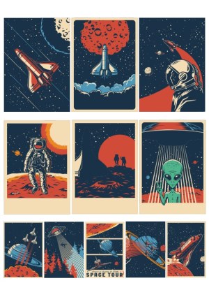 Vintage Style Space Exploration and Alien Encounter Vector Set Free Vector