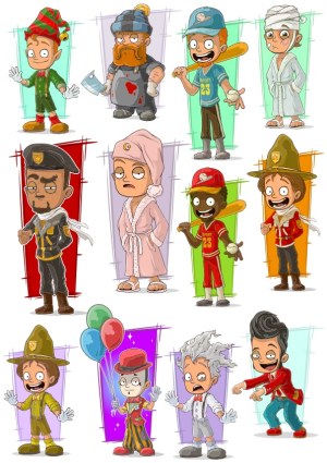 Cartoon Characters in Various Costumes and Poses Free Vector