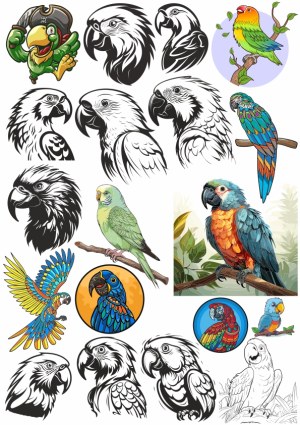 Colorful and Black-and-White Parrot Illustrations Collection Free Vector