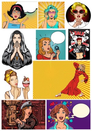 Pop Art Female Characters with Various Expressions and Speech Bubbles Free Vector