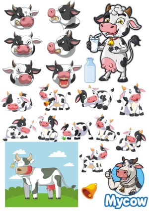 Set of Cartoon Dairy Cows with Different Expressions and Poses Free Vector