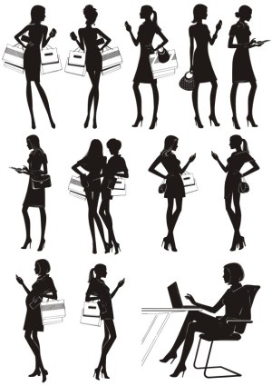 Silhouettes of Women Shopping and Using Technology Free Vector