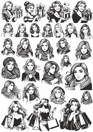 Black and White Vector Portraits of Women with Gifts, Scarves, and Shopping Bags Free Vector