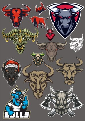 Set of Bull and Buffalo Head Vector Illustrations Free Vector