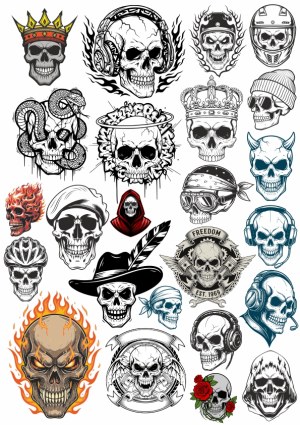 Collection of Skull Vector Illustrations with Various Accessories and Themes Free Vector