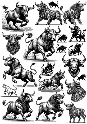 Detailed Black and White Bull Illustrations and Mechanical Bull Vectors Free Vector