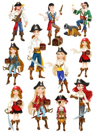 Set of Cartoon Pirate Characters with Treasure and Weapons Free Vector