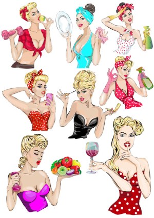 Set of Retro Pin-Up Women Engaged in Various Activities Free Vector