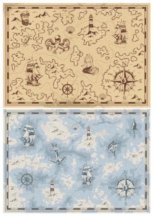 Vintage Nautical Maps with Ships, Sea Creatures, and Compass Roses Free Vector