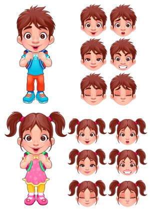Vector Children Characters with Various Facial Expressions Free Vector