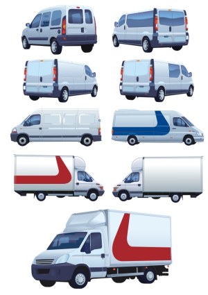Vector Illustrations of Multiple Delivery Vans and Trucks in Different Views Free Vector