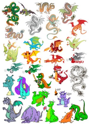 Collection of Colorful Cartoon and Traditional Dragon Vector Illustrations Free Vector