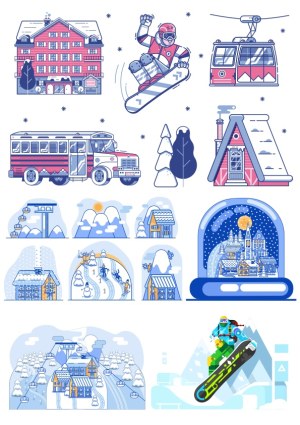 Winter Ski Resort and Snowboarding Vector Icons and Scenes Free Vector