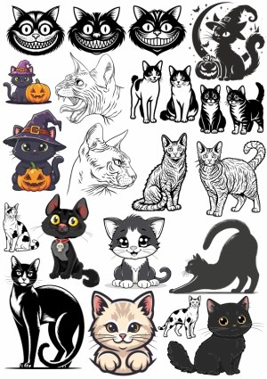 Collection of Cat Illustrations Including Halloween and Realistic Styles Free Vector