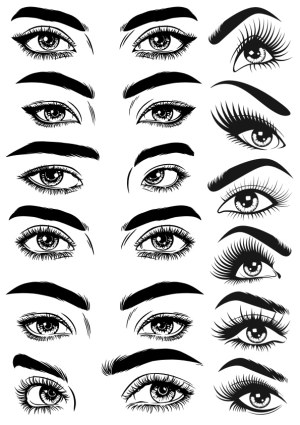 Collection of Stylized Female Eyes with Various Eyebrow and Eyelash Designs Free Vector