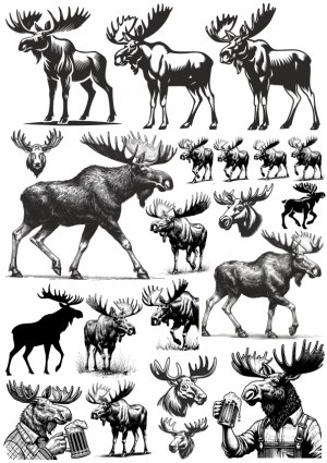 Collection of Black and White Moose Illustrations and Silhouettes Free Vector