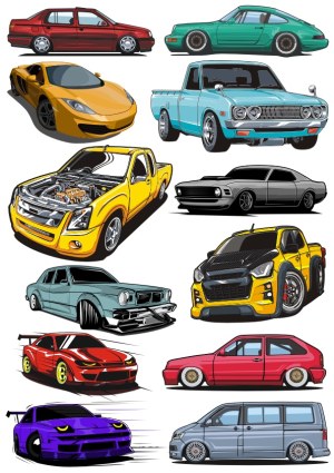 Set of Detailed Car and Pickup Truck Vector Illustrations Free Vector