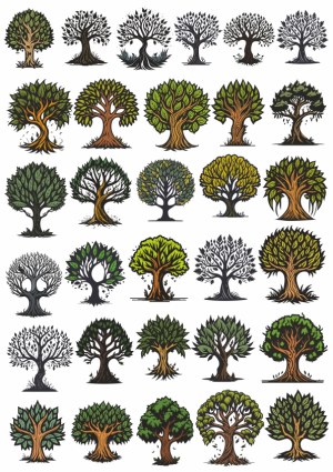 Collection of 30 Artistic Tree Vector Icons in Various Styles Free Vector