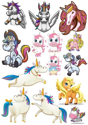 Collection of Colorful and Cute Unicorn and Pegasus Vector Illustrations Free Vector