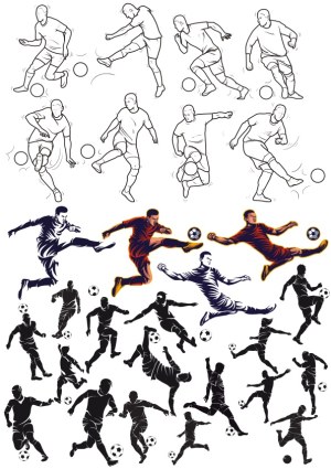 Collection of Soccer Player Silhouettes and Line Art in Various Action Poses Free Vector