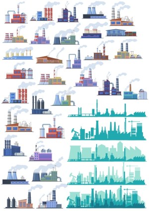 Industrial Factory and Plant Vector Collection with Silhouettes Free Vector