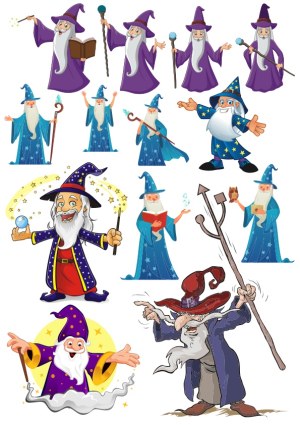 Set of Cartoon Wizards in Various Magical Poses and Costumes Free Vector
