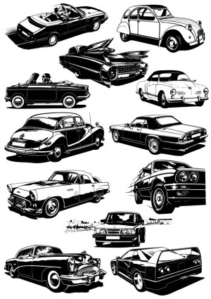 Vector Set of Vintage and Classic Cars in Black and White Free Vector