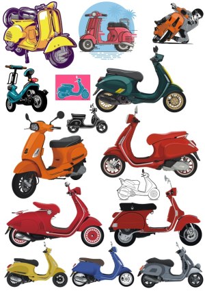 Colorful Vector Illustrations of Vintage and Modern Scooters Free Vector