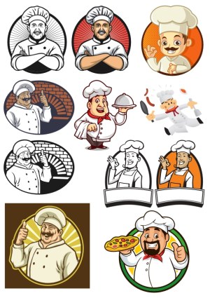 Collection of Cartoon Chef Characters with Various Gestures and Food Items Free Vector