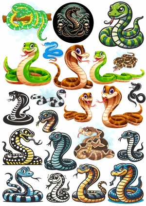Collection of Cartoon and Stylized Snake and Cobra Vector Illustrations Free Vector