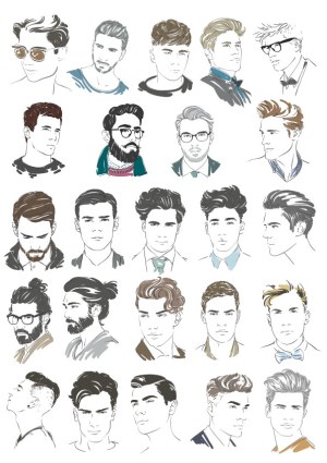 Vector Set of Male Portraits with Various Hairstyles and Accessories Free Vector