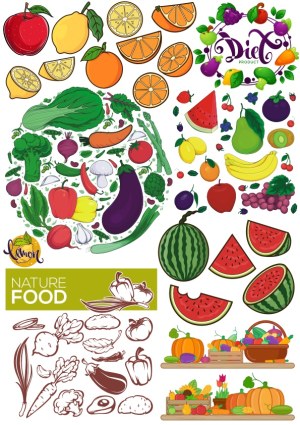 Colorful Vector Collection of Fruits and Vegetables with Nature Food and Diet Themes Free Vector