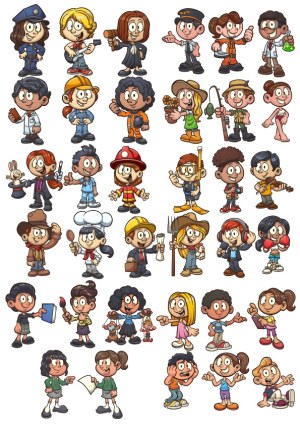 Cartoon Characters Representing Various Professions and Activities Free Vector