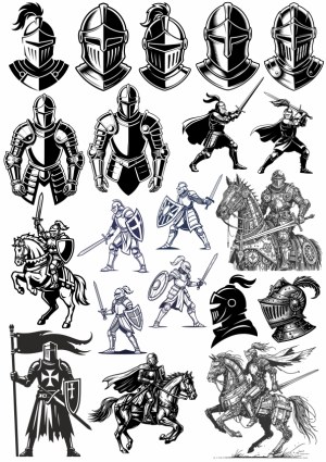 Medieval Knight Helmets, Armor and Mounted Warriors Vector Set Free Vector