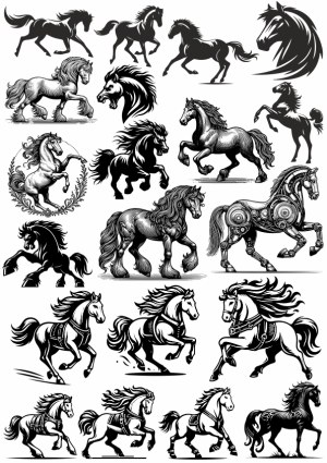 Black and White Vector Horse Illustrations Collection Free Vector